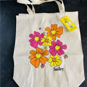 Unique Vintage Smiley Floral Canvas Tote - Pink, Orange, Yellow canvas NEW gift